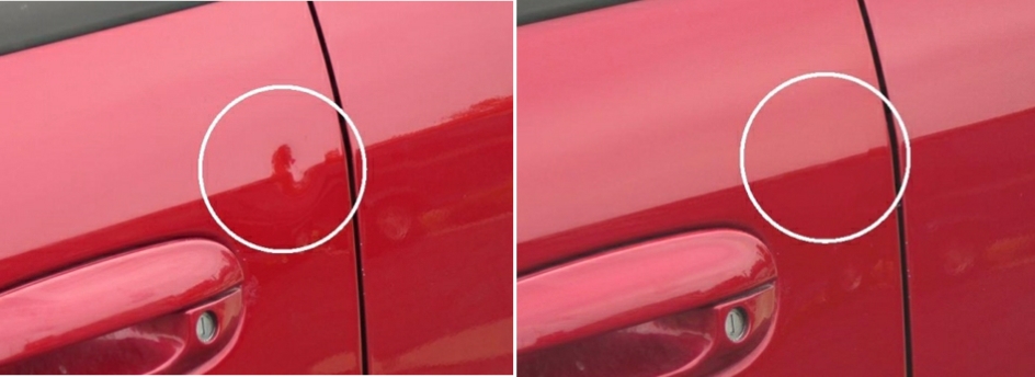 Dent Repair Sample This is a before and after image of how our work looks after we get done a job.